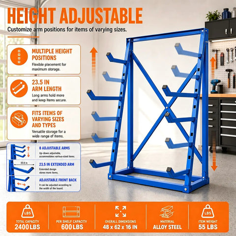 Workhorse Heavy Duty Lumber Storage Rack With Adjustable Arms And Beefy Alloy Steel Build for pipes with adjustable height arms.