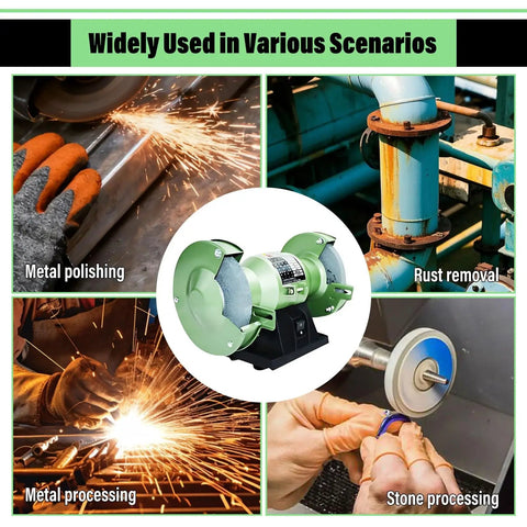 Heavy Duty Dual Wheel Bench Grinder Pumping Out 120W Or 200W Badass Torque With Lockdown Safety Guard For Polishing And Coarse Fine Metal Jade Work Built Like A Brick For No Nonsense Operation shown in various use scenarios.