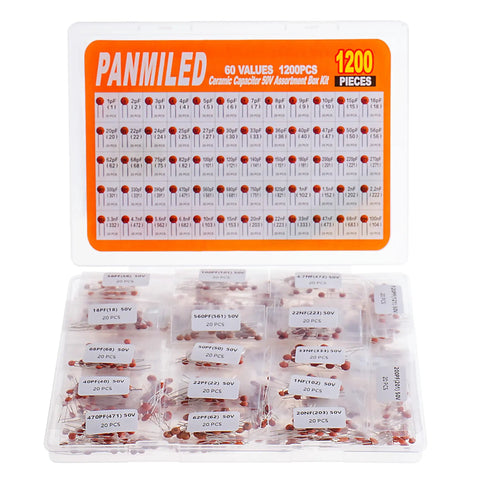High Quality 1200 Piece Ceramic Capacitor Assortment Kit Featuring 60 Unique Values Spanning 1PF Up To 100NF Rated At 50V in a storage box.