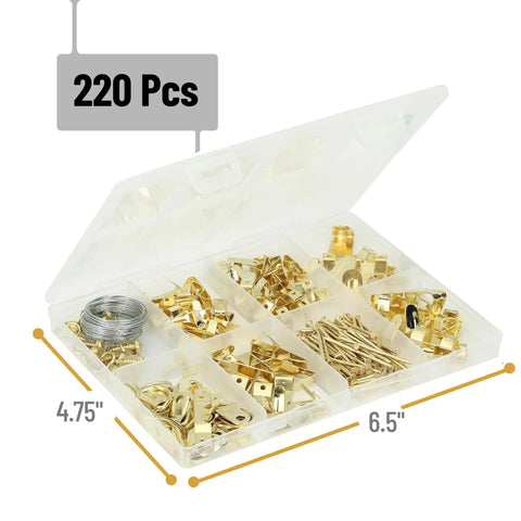 Picture Hanging Kit 220 Pieces Gold Hardware Set With Assorted Hooks Nails Sawtooth Hangers D Rings Steel Wire Ring Hooks