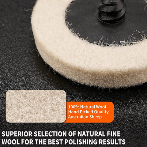 Close-up of Two Inch Quick Change Polishing Discs Set With Premium Wool Buffing Wheels and One Quarter Inch Holders
