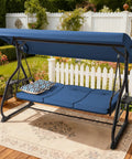 Three Seat Outdoor Porch Swing With Adjustable Canopy And Backrest A 3 In 1 Convertible Swing Bed With Cushions And Cup Holders For Yard Deck And Garden Blue on patio