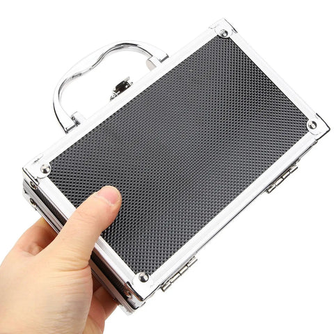 Heavy Duty Aluminum Tool Case With Dead Secure Latch And Comfy Grip Handle, held in hand, showcasing textured surface design.