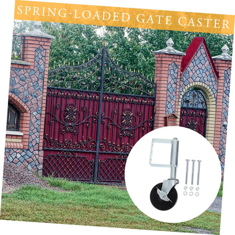 Heavy Duty Spring Gate Caster For Fences That Glides Real Smooth Over Rough Concrete Dirt And Gravel Like A Dream While Crushing Up To Two Hundred Pounds Without Breaking A Sweat, mounted beside ornate iron gate.