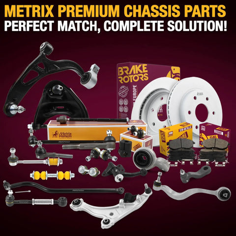 Metrix premium chassis parts including control arms, brake rotors, and bushings displayed on a maroon background.