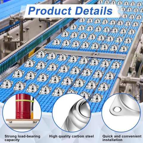 100 Pack 5/8 Inch Carbon Steel Ball Rollers Heavy Duty Caster Wheels For Conveyor Racks And Furniture Stands With Fifty Five Pound Rating Per Piece on conveyor belt.