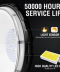Close-up of Two Pack 100W LED Barn Light with light sensor and chip, 50000 hours service life, IP65 Waterproof Outdoor Security Flood Lamp.