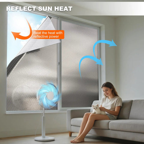 Kick Heat To The Curb With This Premium Reflective Bubble Insulation Roll For RV Weather Protection And Home Window Sun Guard double-sided aluminum foil insulation covering a window.