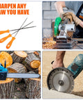 Three Piece Chainsaw Chain Sharpening File Set With Round Steel Files And Plastic Handle Includes Five Thirty Second Inch, Seven Thirty Second Inch, And Three Sixteenth Inch Sizes For Fast, Precise Chain Maintenance displayed with power tools and logs.