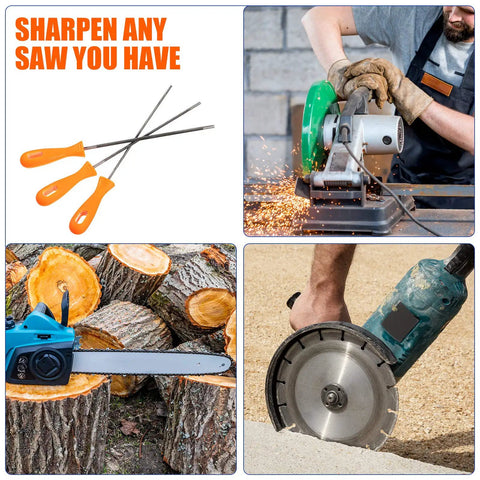 Three Piece Chainsaw Chain Sharpening File Set With Round Steel Files And Plastic Handle Includes Five Thirty Second Inch, Seven Thirty Second Inch, And Three Sixteenth Inch Sizes For Fast, Precise Chain Maintenance displayed with power tools and logs.