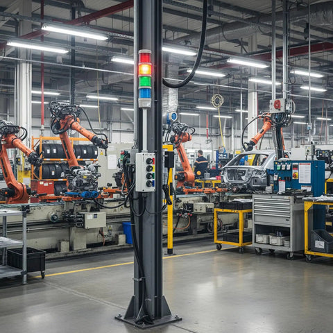 Top Notch Four Stack Led Andon Tower Light With Built In Buzzer For Industrial Workstations in a manufacturing floor setting.