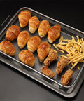 Extra Large Oven Air Fryer Basket Set with croissants, fries, and chicken on Stainless Steel Tray, 17.5 x 11.8 Inches, Gray