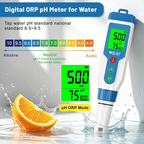 Top Tier Slick Digital Water Tester Meter With Huge Lcd Screen For Hydrogen Ph Orp Tds Ec Plus Salt Testing dead simple results shown with orange splash.