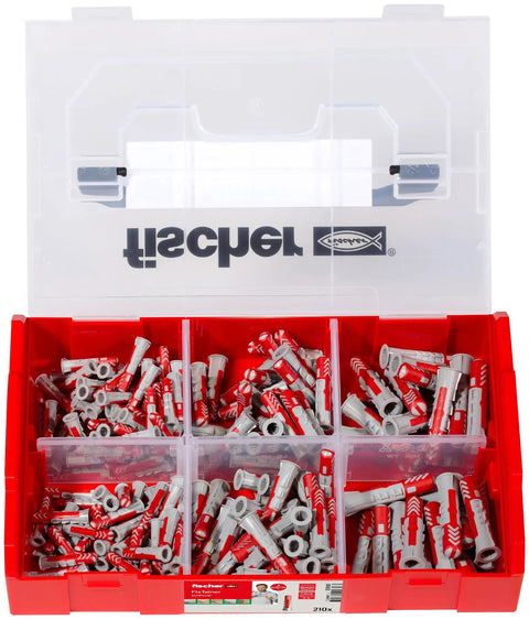 Heavy Duty Wall Anchor Assortment Kit With Smart Divider Box For Drywall Plaster And Hollow Studs Two Hundred Ten Pieces, organized in a red and clear box.