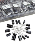 Pro Grade Aluminum Electrolytic Capacitor Assortment Kit Featuring 22 Values From 1UF To 100UF Across 100V 250V And 400V Ratings shown in a storage container.