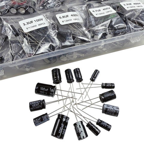 Pro Grade Aluminum Electrolytic Capacitor Assortment Kit Featuring 22 Values From 1UF To 100UF Across 100V 250V And 400V Ratings shown in a storage container.