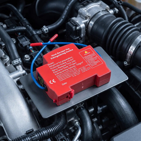 Automatic Vehicle Fire Extinguisher Dual Pack Engine Bay Heat Trigger Fire suppression device mounted in engine compartment.
