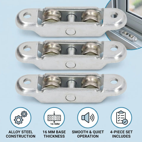 Built Tough 4 Pack Double Wheel Roller Pulleys Slide Like Butter For Sticky Doors Smooth Window Tracks Zero Jam Closet Setup Durable Alloy Steel, featuring alloy steel construction and double wheel design.