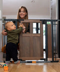 Farmhouse Style Barn Door Walk Thru Baby Gate With Dual Swing Stylish Auto Close 30 Inch Tall fits 29 to 43 Inch Openings Wood And Black finish