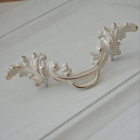 2.5 Inch Center To Center Shabby Chic Pull Handle Cream White With Gold Accent For Dresser Drawer Kitchen Cabinet Zinc Alloy Furniture Hardware 64 mm Hole Spacing Home Renovation Upgrade, detailed view with carved design.