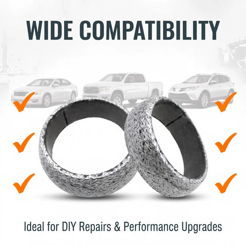 Two Piece 65 mm Exhaust Flange Gasket Rock Solid Donut Seal Premium Graphite Anti Leak, compatible with various vehicle types.