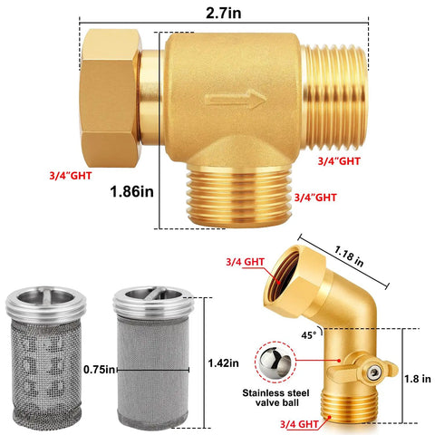 No Sweat Brass Garden Hose Filter With Rock Solid Dual Mesh Stainless Steel Screen and Quick Shut Off Valve with dimensions.