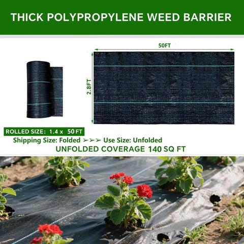 Heavy Duty Weed Barrier Landscape Fabric 2.8 Ft By 50 Ft Ground Cover For Weed Control Durable Woven Cloth installed in garden bed.