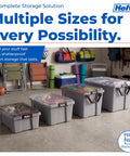 Kick Butt Heavy Duty 50 Gallon Storage Bins with Crystal Clear Lids Nesting Stackable Plastic Totes Hold All Tools Seasonal Gear and Bulky Clutter 2 Pack Grey in a garage setting.