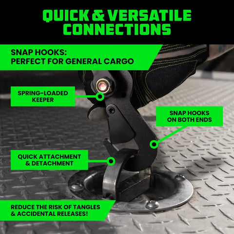 Close-up of snap hooks on Badass Car Hauler Tie Down Straps Four Pack Two By Eight Foot Lasso Kit for secure connections.