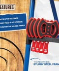 Close-up of Eight Foam and Plastic Axes Axe Throwing Game Set with heavy duty steel frame details and red foam axes