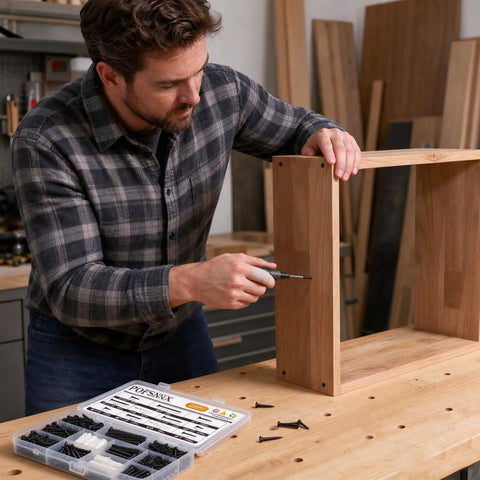 Man using Beast Mode Wood Screw Assortment Kit With Plastic Anchors 230 Pieces Size Six And Eight Phillips Head to assemble wooden furniture.