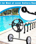 Universal Pool Solar Cover Reel Attachment Kit With Heavy Duty Straps And Clips For Inground Swimming Pools Hella Secure Grip Keeps Blanket Locked Down Sweet, showing adjustable straps on a reel by the pool.