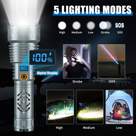 Beastly Bright 200000 Lumen Rechargeable LED Flashlight with 5 lighting modes and LCD display shown highlighting various scenarios.