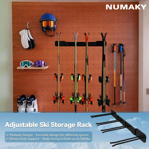 Heavy Duty Ski Wall Mount Rack For Garage And Home Badass Modular Storage System Holds Eight Pairs Of Skis And Poles mounted on wall.