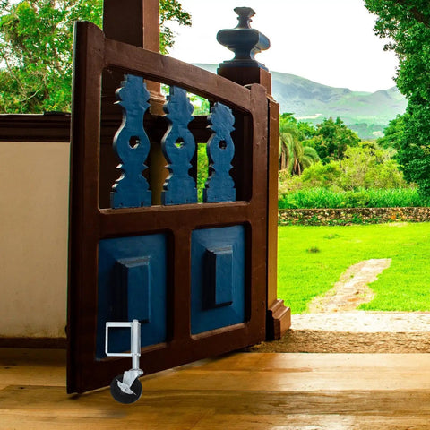 Heavy Duty Spring Loaded Gate Swivel Wheel Replacement Caster on wooden barn door in outdoor setting, support strong 165 pound load.