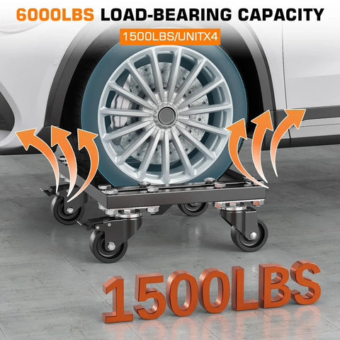 Heavy Duty Set Of 4 Car Wheel Dollies Featuring 6000 Lbs Capacity Tire Skates Cart with a wheel on a steel dolly.