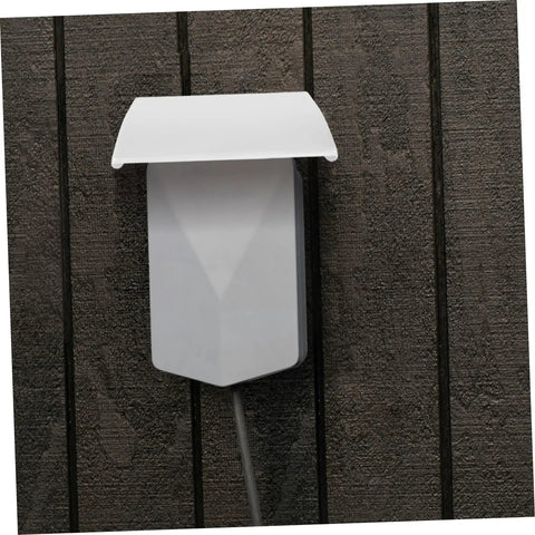 Heavy Duty Outdoor EV Charger Enclosure Weatherproof Rain Shell For Your Electric Vehicle Plug With Rock Solid UV Guard and Super Quick Install Housing Box For Built Tough Longevity, white cover mounted on dark wood.