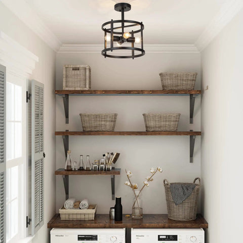 Black Semi Flush Mount Ceiling Light With Dope Modern Farmhouse Drum Cage Design installed in a cozy laundry room space