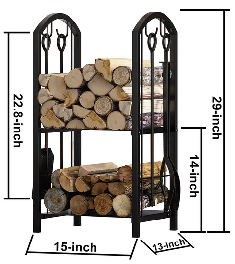 Five Piece Firewood Log Rack And Tools Set For Fireplace And Fireside Use Black Storage Holder For Logs And Lumber Rust Resistant Finish Indoor Outdoor Stacking Stand Built To Last And Boss Easy Access "Black firewood rack with tools, 15in by 13in by 29in, holding stacked logs