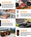 All In One Griddle Accessories Kit For Flat Top Grills 25 Piece Set shown in use with burger patty maker, spice shaker, brush, bag.