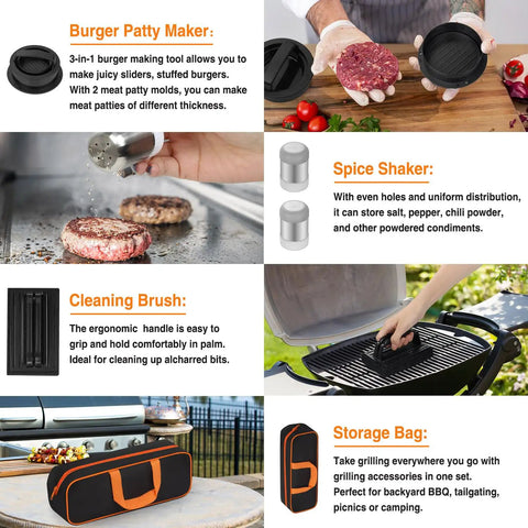 All In One Griddle Accessories Kit For Flat Top Grills 25 Piece Set shown in use with burger patty maker, spice shaker, brush, bag.