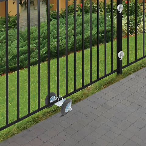 Built Like A Tank Sliding Door Roller Set Featuring Rock Solid Galvanized Steel Wheels And Damped Carriers For Effortless Glide Up to 600 Lbs On Any Indoor Or Outdoor Track Setup in black fencing.