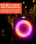 Encore Essential 2 Portable Party Speaker With AI Sound Boost Battery Powered Up To 15 Hours Of Playtime, glowing at night