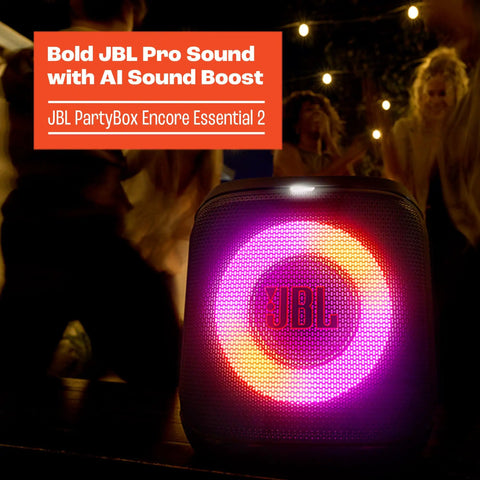 Encore Essential 2 Portable Party Speaker With AI Sound Boost Battery Powered Up To 15 Hours Of Playtime, glowing at night