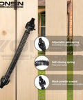 Heavy Duty Self Closing Gate Spring Knockout Performance With Adjustable Tensioner Simple Auto Closure Rust Resistant Outdoor Steel Fits Wooden Gate Vinyl Fence Black Finish with adjustable feature on wooden gate.