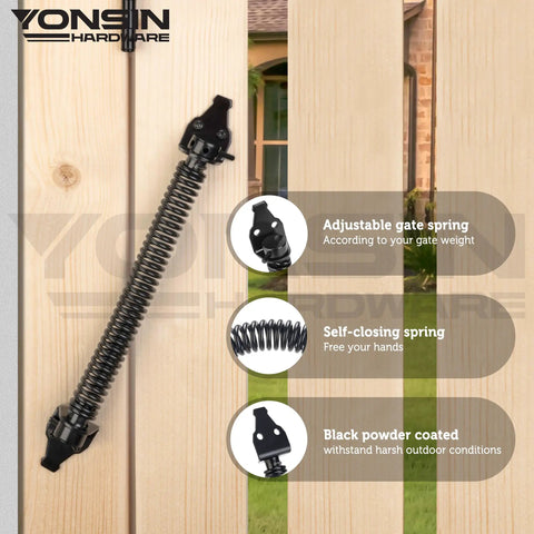 Heavy Duty Self Closing Gate Spring Knockout Performance With Adjustable Tensioner Simple Auto Closure Rust Resistant Outdoor Steel Fits Wooden Gate Vinyl Fence Black Finish with adjustable feature on wooden gate.