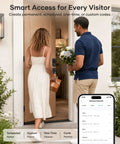 Hassle Free Wifi Smart Front Door Lock Kit With Keyless Entry Deadbolt Handle Smart App Control Remote Unlock Real Time Activity Logs And Super Smooth Security Upgrade, woman holding flowers at door.