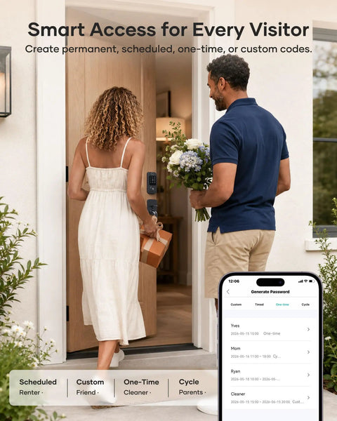 Hassle Free Wifi Smart Front Door Lock Kit With Keyless Entry Deadbolt Handle Smart App Control Remote Unlock Real Time Activity Logs And Super Smooth Security Upgrade, woman holding flowers at door.