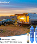 Rig Tested Camper Water Filter 2 Pack featuring heavy duty filtration shown next to RV at sunset, ideal for outdoor living and travel.