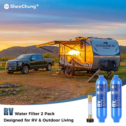 Rig Tested Camper Water Filter 2 Pack featuring heavy duty filtration shown next to RV at sunset, ideal for outdoor living and travel.
